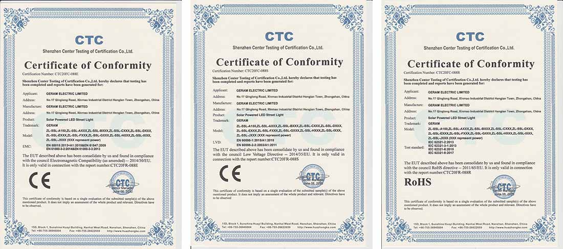 solar street light certificates